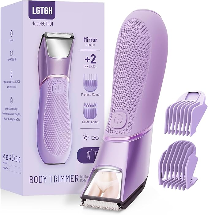 Purple Personal Trimmer for Women, Waterproof & Portable for Use at Home or Travel, with Mirror Light for Bikini Line and Body Grooming