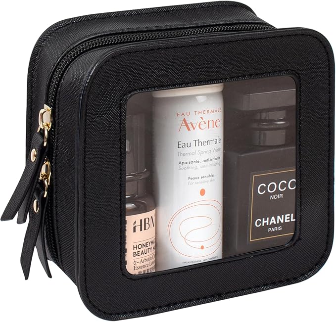 LETGO Small Clear Makeup Bag for Purse Travel Cosmetic Case Transparent Toiletry Bag with Zipper, Portable Make Up Organizer Traveling Compact Car Bag for Essentials (Black, Mini)