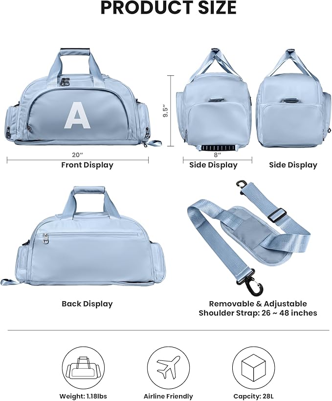 Vogewood Initial Gym Bag with Shoe Compartment, Tween Girl Trendy Stuff