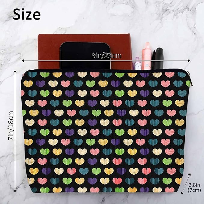 Kalygon Makeup Bag Heart Makeup Bags For Purse Pouch, Colorful Love Hearts Travel Toiletry Bag Cosmetic Bag Makeup Bags Flax Makeup Organizer Bag Pencil Pouch For Man Woman