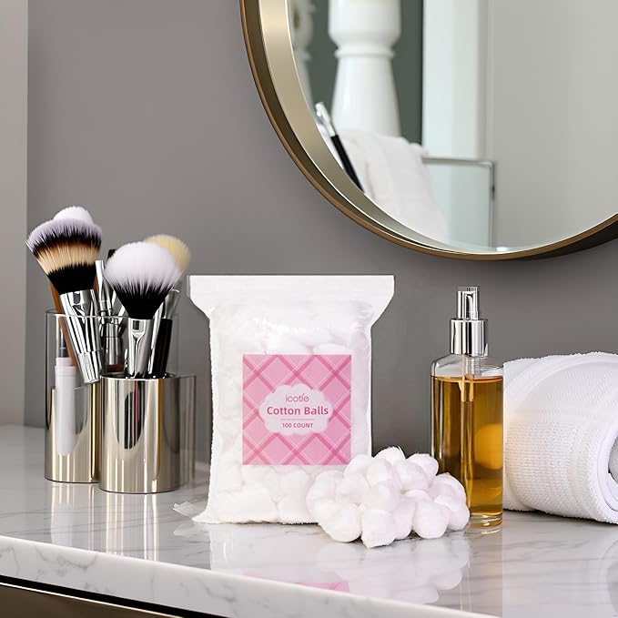 Icotle 100% Pure Cotton Balls, Large Size, Soft and Absorbent for Make-Up, Nail Polish Removal, Pet Care, Applying Lotion or Powder and First-Aid for Everyday Household Use, 100 Count