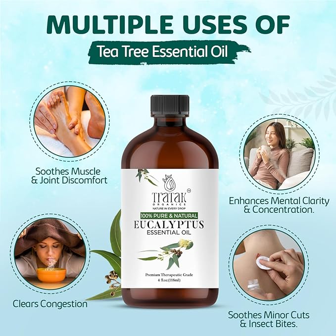 TRATAK ORGANICS 100% Pure Natural Undiluted Eucalyptus Essential Oil (4oz) Premium Therapeutic Grade Aromatherapy