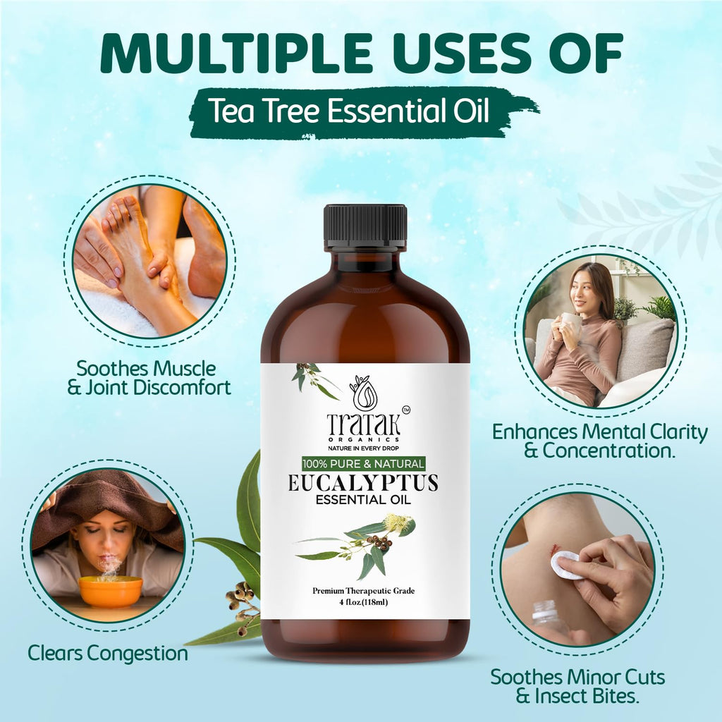 TRATAK ORGANICS 100% Pure Natural Undiluted Eucalyptus Essential Oil (4oz) Premium Therapeutic Grade Aromatherapy