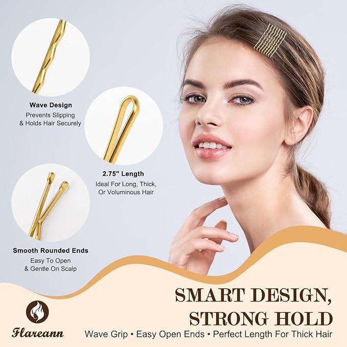 FLAREANN Gold Bobby Pins Set with U Shape Pins, Spiral Pin & Snap Clips