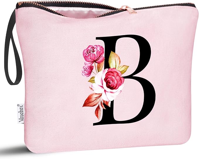 Vavabox A-Z Personalized Makeup Bag, Birthday Gifts for Women Mom, Gifts for Best Friend, Bride Bridesmaid Cosmetic bag (B, 06-Pink)