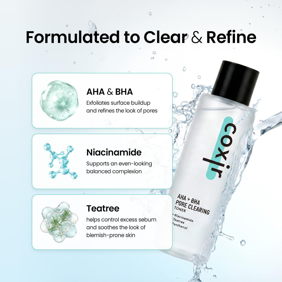 coxir AHA BHA Toner, Niacinamide & Tea Tree, Pore Minimizing, 5.07 fl.oz