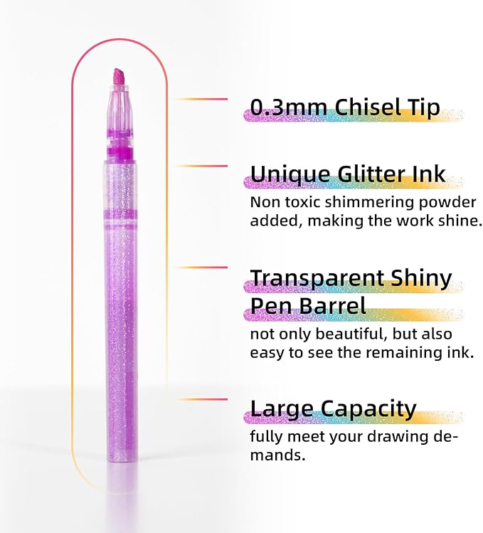 HANKU Glitter Highlighters Assorted Colors, 10-Count Chisel Tip Sparkle Highlighters, No Bleed Pastel Highlighter Markers For Adult Coloring Book Bible Journaling