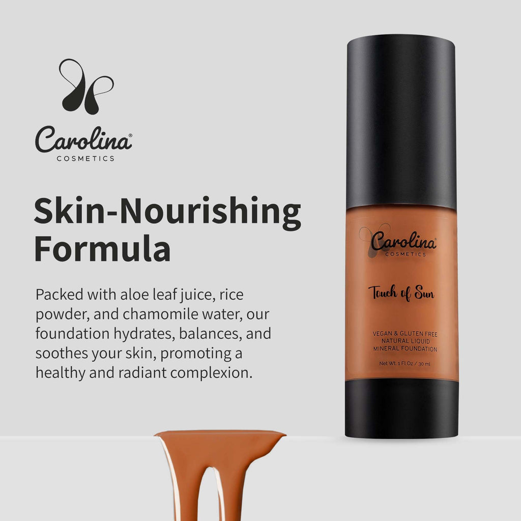 Carolina Cosmetics - Plant-Based Foundation in Touch of Sun Shade - Hydrating, Pore-Minimizing & Buildable Coverage - Vegan, Non-GMO, Gluten-Free, Paraben-Free - Sun Protection - 1Fl Oz