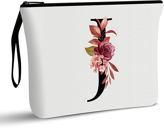 Vavabox A-Z Personalized Makeup Bag, Birthday Gifts for Women Mom, Gifts for Best Friend, Bride Bridesmaid Cosmetic bag (J, 01-White)