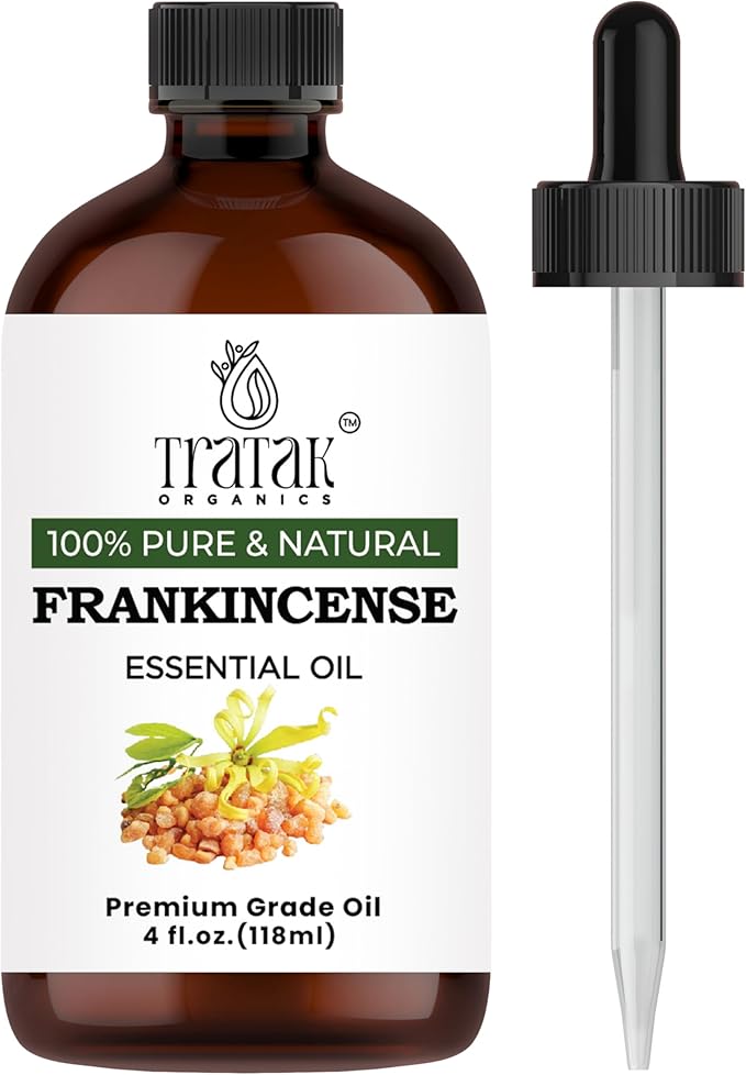 TRATAK ORGANICS Frankincense Essential Oil 4 FL OZ – 100% Pure Oil with Glass Dropper, Therapeutic Grade for Aromatherapy, Diffuser, Skin Care & Massage, Meditation, DIY Candles & Soap Making