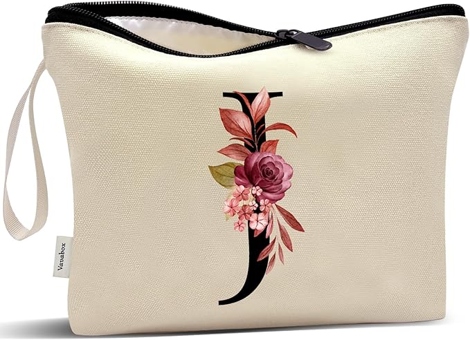Vavabox A-Z Personalized Makeup Bag, Birthday Gifts for Women Mom, Gifts for Best Friend, Bride Bridesmaid Cosmetic bag (J, Cream Yellow)