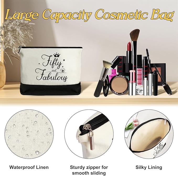 50th Birthday Gifts for Women, 50 & Fabulous Canvas Tote Bag and Makeup Bag