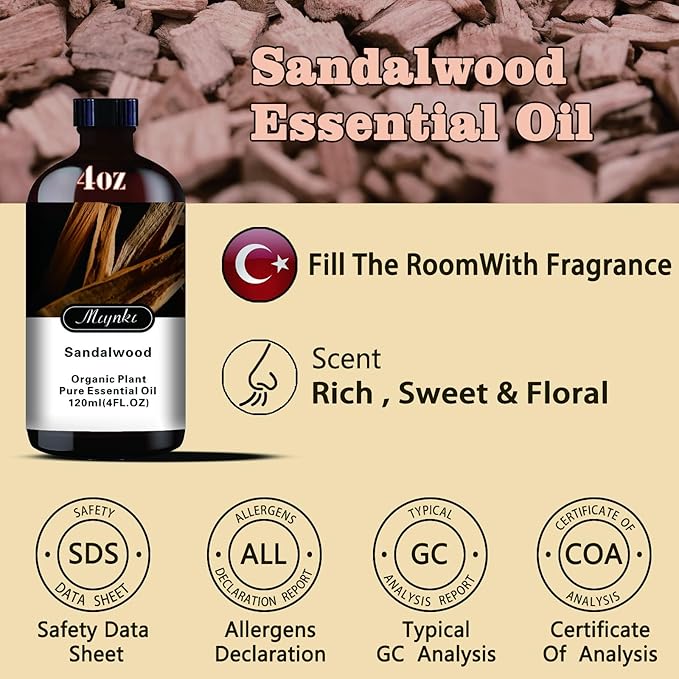 MLYNKL Sandalwood Essential Oil,for Aroma,Massage,4oz+Roll-On 0.33oz