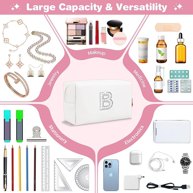 Bride Gifts – Personalized Initial Makeup Bag with Pearl Rhinestone Patch, Preppy White Monogram Cosmetic/Toiletry Pouch, bridesmaid Gifts, Bridal Shower Gifts, Wedding Gifts, Bridal Gifts,B