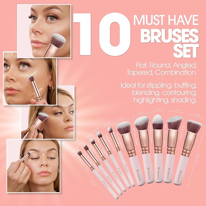 Lamora Kabuki Makeup Brush Set - 10 Essential Face, Eye, Precision Brushes