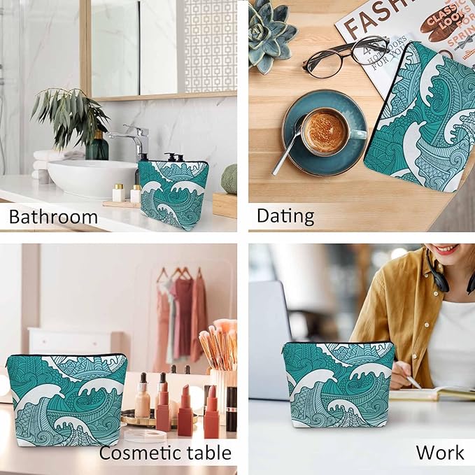 Kalygon Women Makeup Organizer Bag Ocean Waves, Japanese Great Wave Ocean Sea Waves Flax Cosmetic Bag Makeup Bags Toiletry Bag Accessories Organizer Travel Bags For Home Bathroom Office Hotel Gym