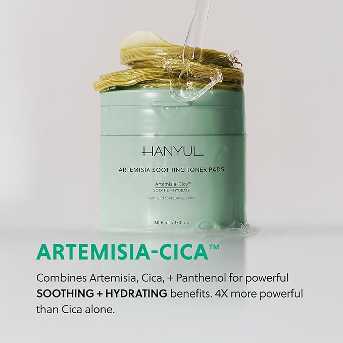 HANYUL Artemisia Soothing Toner Pads with Centella Asiatica & Hyaluronic Acid | Hydrating & Soothing Pre-Makeup Korean Toner Pads to Calm Visible Redness | for All Skin Types | 60 Pads
