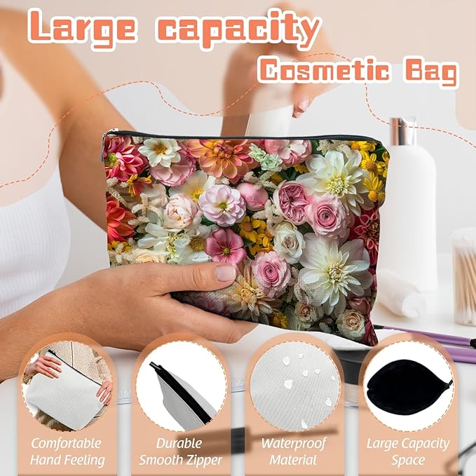 Scribesense Makeup Bag Travel Cosmetic Bags Small Makeup Case Waterproof Zipper Pouch for Women Girls 7X9inches - Exuberant Array of Multicolored Fresh Flowers