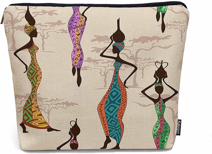 Kalygon African Woman Makeup Bags Makeup Organizer, Black African Women With Vases Flax Toiletry Bags Travel Cosmetic Bag Makeup Purse Pouch Skincare Bag Wallet Bags For Women Female Mom Daughter