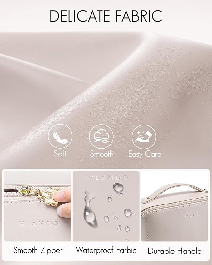 VLANDO Makeup Bag,Women Travel Toiletry Case,Carry Handle,Off White
