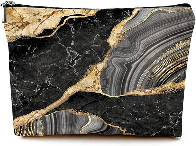 Givotin Cute Makeup Bag for Purse Canvas Waterproof Funny Cosmetic Bags for Women Zipper Travel Toiletry Pouch-Black Marble Makeup Bags