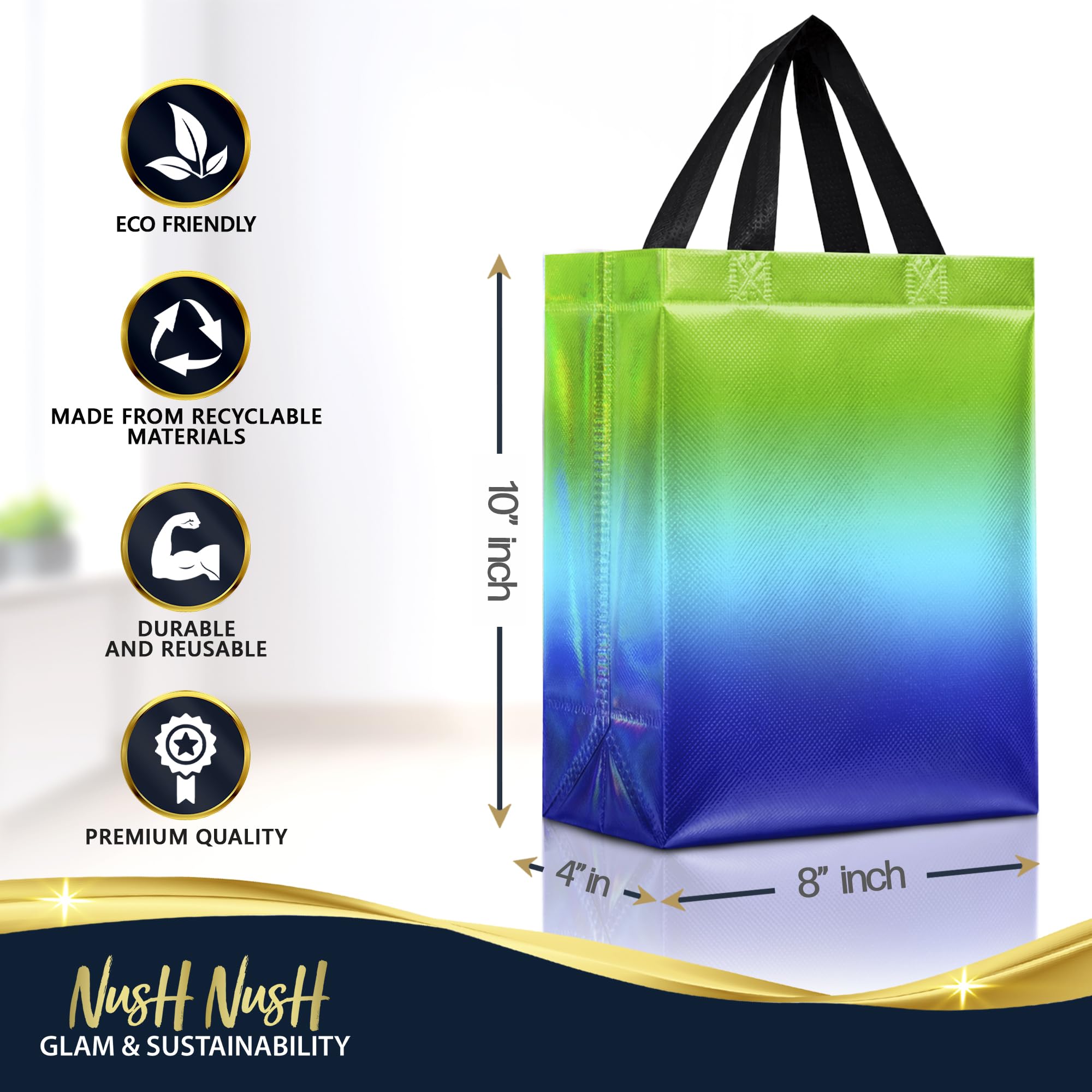 Nush Nush Medium Blue to Green Rise Gift Bags, 8 x 4 x 10, Set of 12