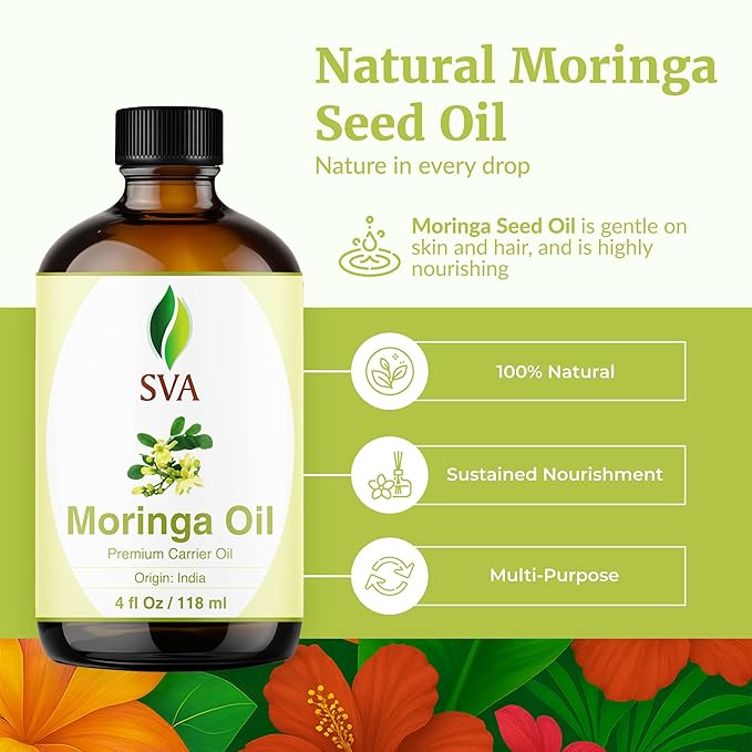 SVA Moringa Seed Oil 4 Fl Oz - for Face, Skin Care, Hair Care, Scalp Massage & Body Massage – Carrier Oil with Dropper