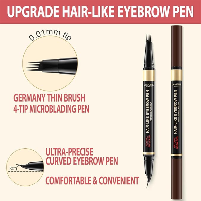 LAVONE Eyebrow Pen,2-in-1 Eyebrow Pencils for Women with 4 Tip Microblading Eyebrow Pencil and Curved Precise Brow Pencil,Waterproof Eyebrow Pencil Create Full,Natural Hair-Like Brows,Medium Ash Brown