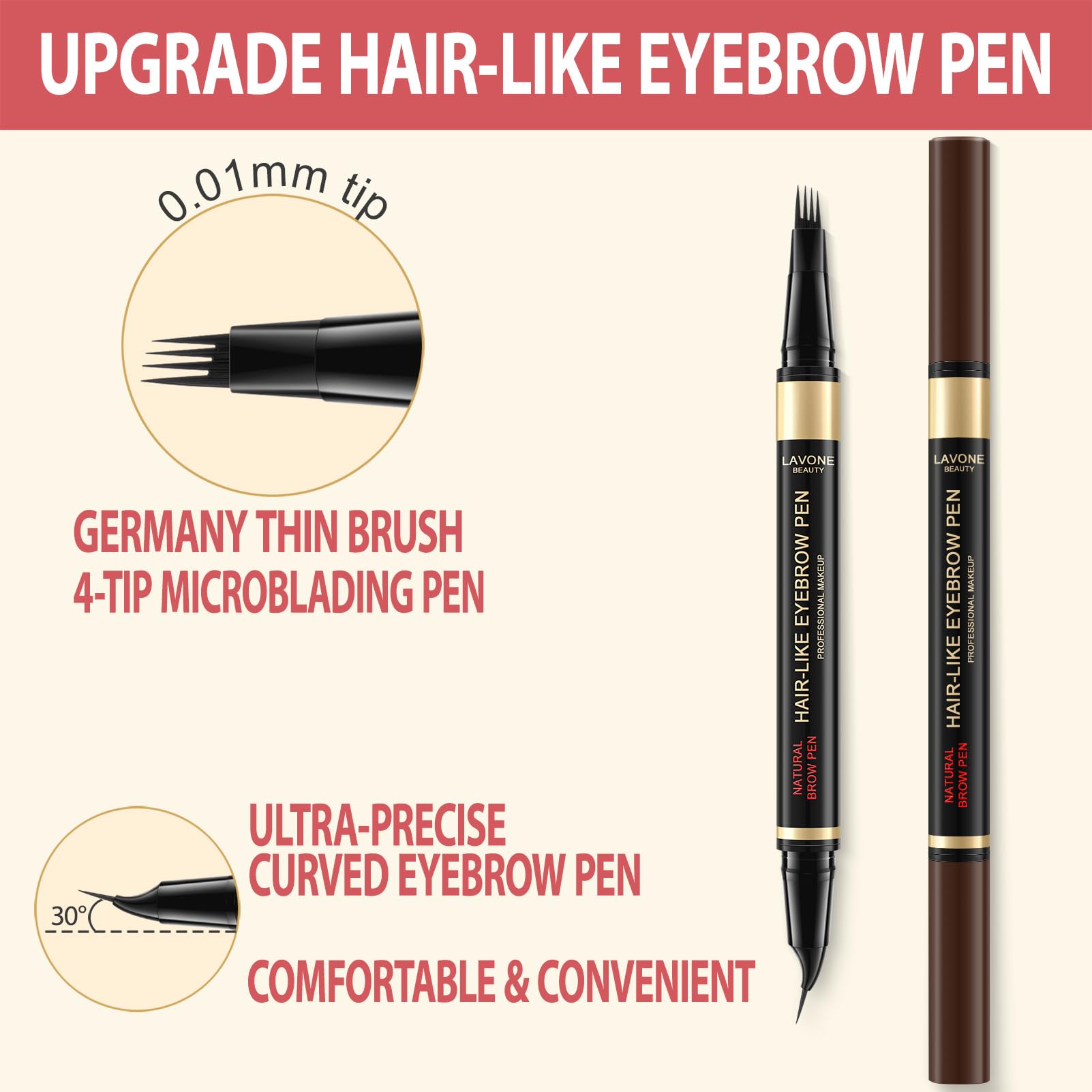 LAVONE Eyebrow Pen, 2-in-1 Waterproof Microblading Brow Pencil, Ebony