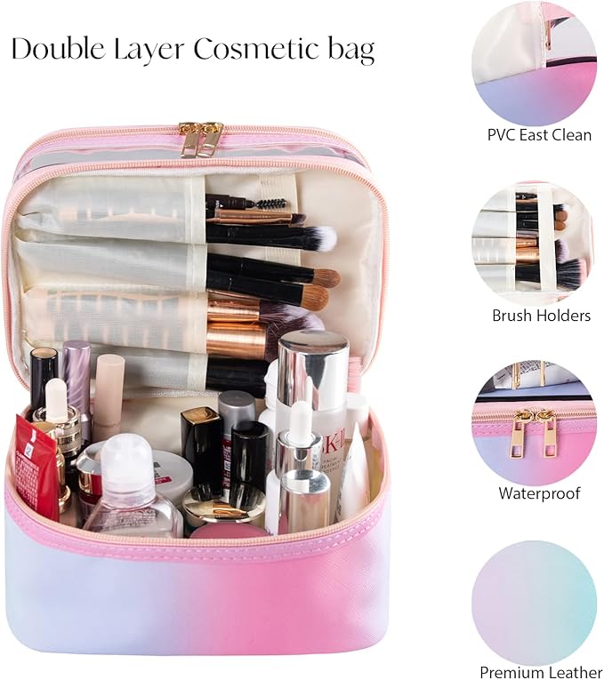 imerelez Travel Makeup Bag Cosmetic Bag Makeup Bags for Women Cosmetics Cases Portable Waterproof Foldable (Rainbow Pink)
