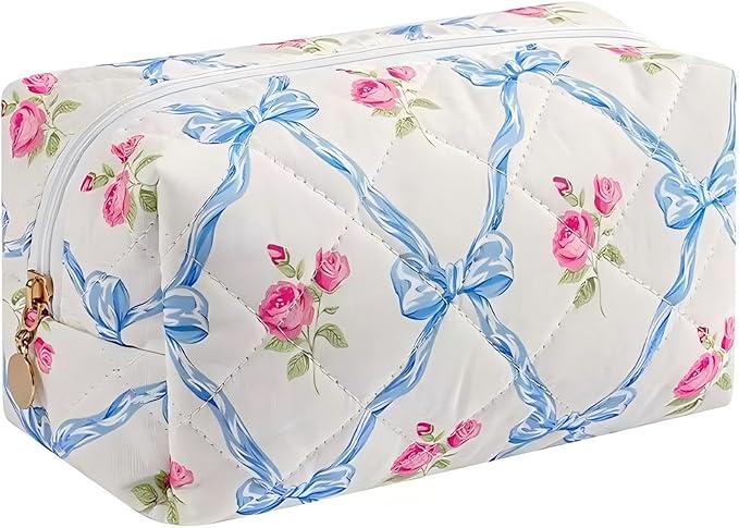 OIMEI Floral Quilted Cotton Makeup Bag for Women, Large Capacity Travel Cosmetic Pouch with Zipper, Cute Toiletry & Brush Organizer, Kawaii Makeup Storage Case – Blue Bow