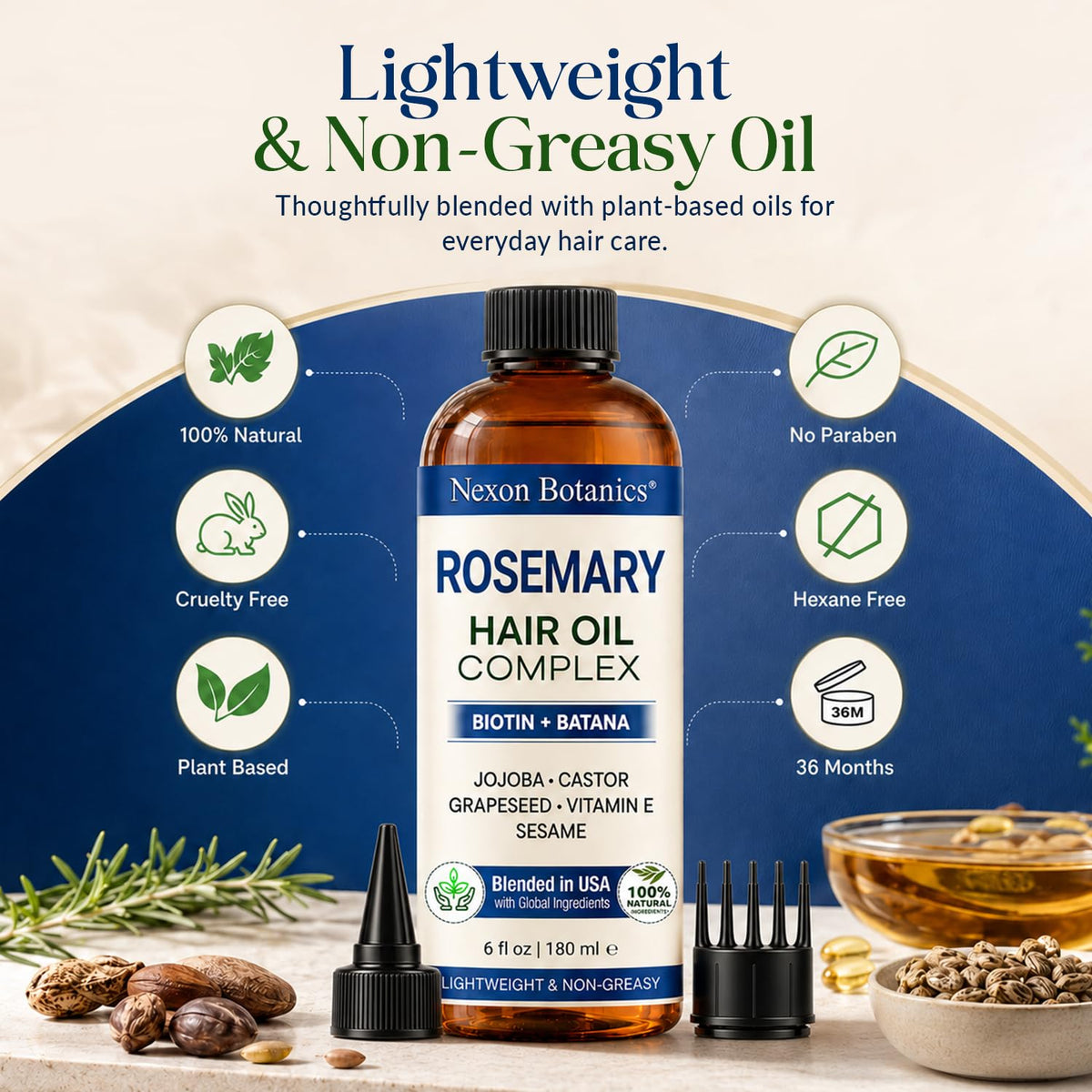 Batana Rosemary Oil for Hair Growth 6 fl oz - Lightweight Scalp Oil for Dry, Damaged Hair & Frizz Control - Aceite de Romero Para el Cabello - Nexon Botanics