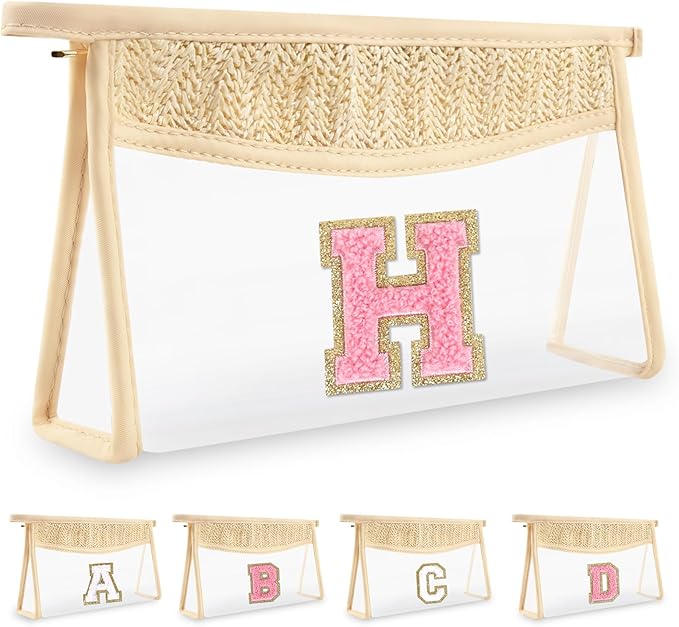 Small Boho Straw Initial Letter Makeup Bag Personalized Gift,Cute Clear Chenille Patch Makeup Bag With Zipper,Trendy TSA Approved Travel Toiletry Bag,Gift for Women Girls Birthday Friend, Letter H