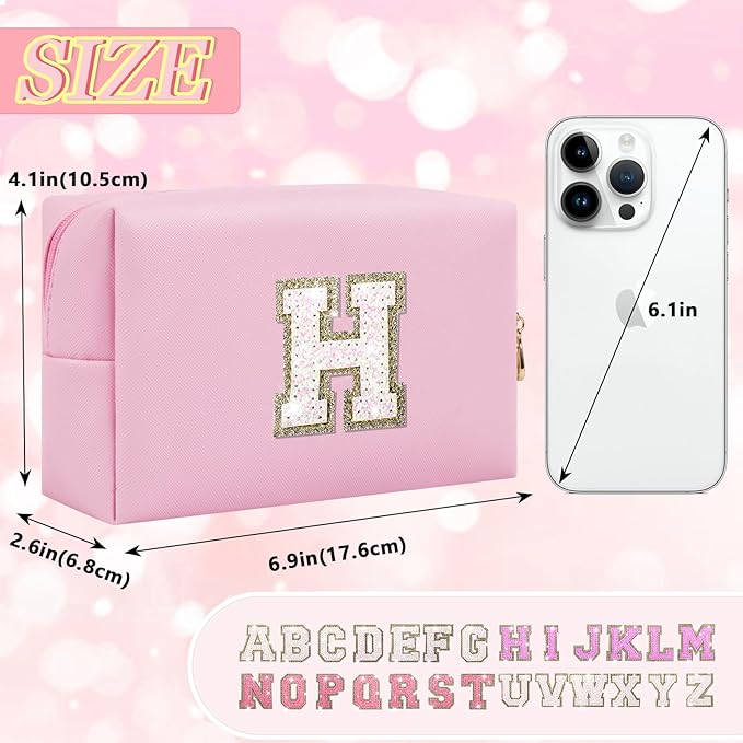 Personalized Initial Makeup Bag, Small Glitter Letter Patch Cosmetic Pouch Zipper, Preppy Makeup Organizer PU Waterproof Travel Toiletry Bag,Monogrammed Birthday Gift for Women Girls(Letter H)