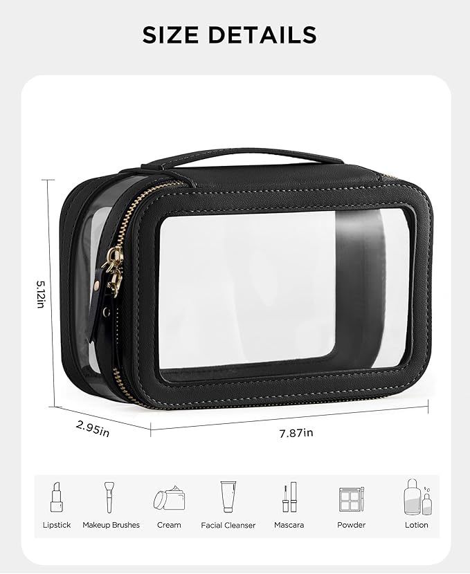Vorey Medium Clear Makeup Bag for Women, Portable Travel Makeup Bag Organizer Waterproof Toiletry Bag Cute Makeup Bags Cosmetic Bag Makeup Pouch, Black