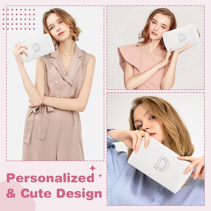 Bride Gifts – Personalized Initial Makeup Bag with Pearl Rhinestone Patch, Preppy White Monogram Cosmetic/Toiletry Pouch, bridesmaid Gifts, Bridal Shower Gifts, Wedding Gifts, Bridal Gifts,D