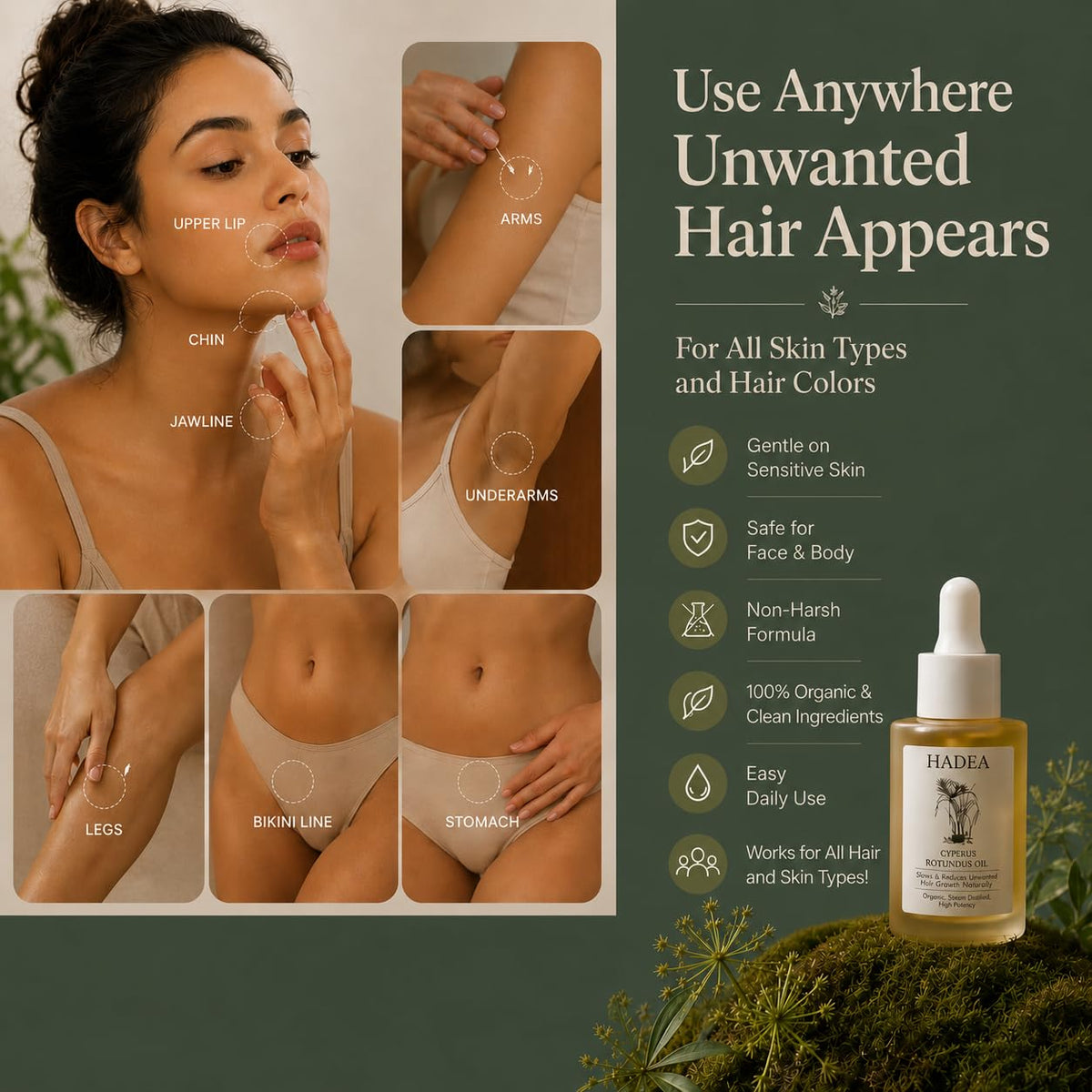 HADEA Cyperus Rotundus Oil to Reduce Hair Growth 100% Organic High-Potency Steam Distilled Cyprus Nutgrass Cypress Inhibitor | Cypress Rotundus Oil For Pcos, Hirsutism, Any Unwanted Hair 30ml
