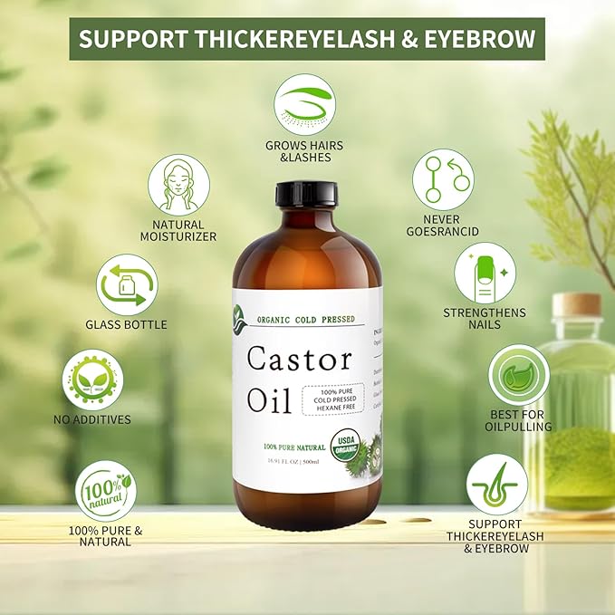 MAYLINK Castor Oil Organic Cold Pressed Unrefined Glass Bottle-Organic Certified 100% Pure Castor Oil,Hexane Free,Organic Castor Oil for Face,Hair Growth,Eyelashes,Caster 16.91fl.oz/500ml