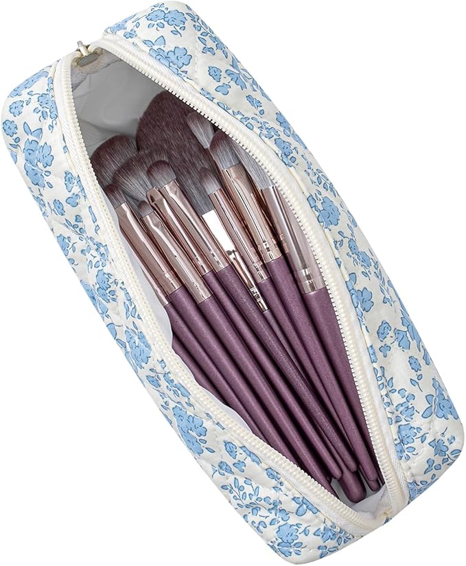 HHQQWZ Cute Floral Cotton Makeup Brush Cosmetic Bag for Women, Travel Quilted Zipper Make Up Bag, Flowers Toiletry Organizer Case Kawaii Makeup Cosmetic Travel Cloth Pouch (Blue+Navy Blue)