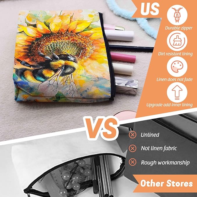 Scribesense Cosmetic Bags Travel Makeup Toilet Case Waterproof Pouch for Women Girls 6.7X9.45inches - Bee on A Sunflower in Watercolor Painting