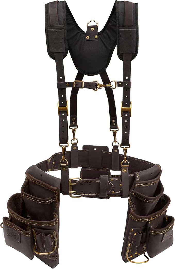 OX Pro Oil‑Tanned Leather Carpenter Tool Belt with Padded Suspenders & Dual Hammer Loops