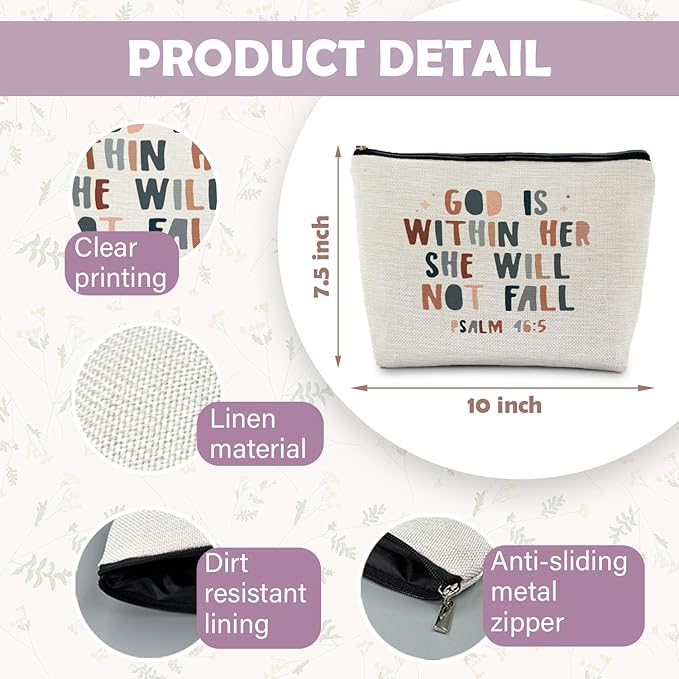 RYYCDOI God is Within Her She Will not Fall Cosmetic Bag, Christian Gifts for Women, Bible Verse Gifts, Christian Makeup Bag, Religious Gifts for Christian Woman Cosmetic Bag Toiletry Bag