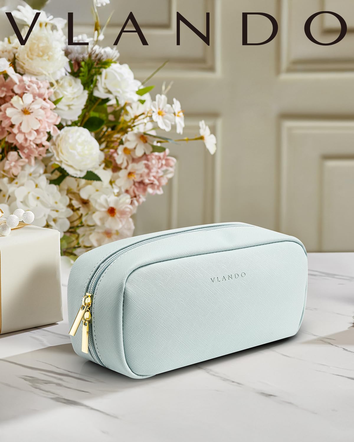 VLANDO Travel Makeup Bag with Separate Pocket for Beauty Tools,Blue