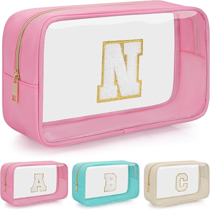 WELIDAY Personalized Initial Clear Makeup Bag, Travel Chenille Patch Cosmetic Bag, Preppy Toiletry Bag Monogram Cosmetic Pouch with Zipper, Ideal Gift for Teen Girls Women (Clear-Pink, N)