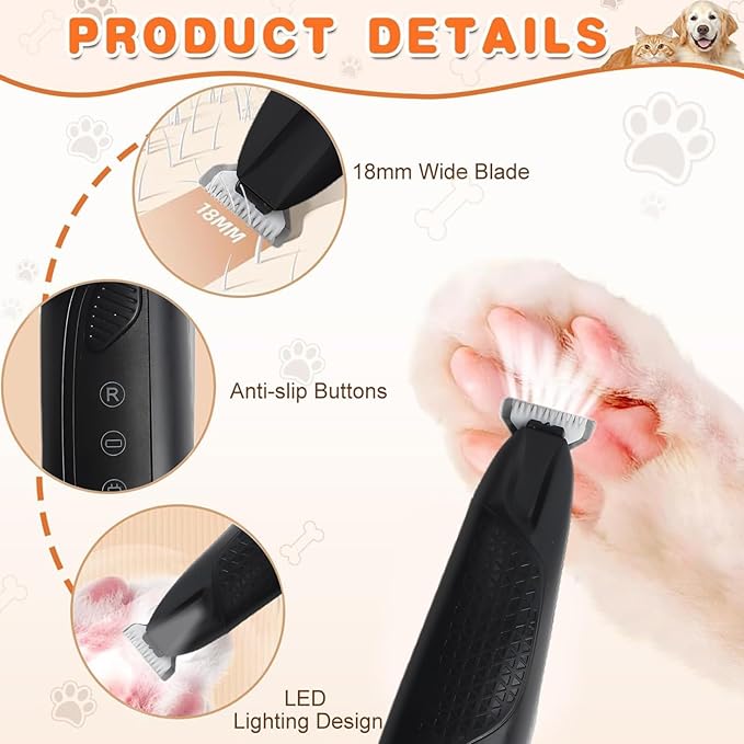 JNEKWOZ Professional Dog & Cat Trimmer - Quiet Electric Pet Grooming Kit for Ears/Eyes/Paws with LED Light - Cordless Battery-Powered Fur & Nail Clipper for Small/Large Breeds (Black)