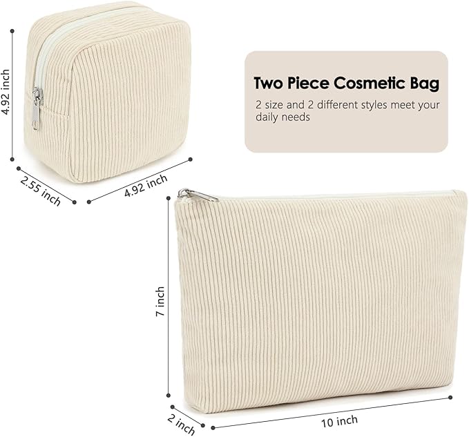 Fammart Corduroy Makeup Bag, Travel Cosmetic Bag Organizer Toiletry Bag Make Up Bags with Zipper & Compartments for Women Girls, 2PCS