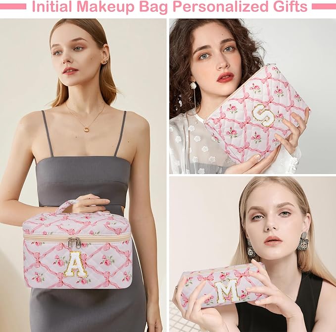 Junesters Personalized Initial Makeup Bag Set, Quilted Makeup Bag, Large Floral Cosmetic Bag for Women, Cute Cotton Custom Make up Bags, Flower Travel Toiletry Bag Teen Girl Gift Trendy Stuff Gift L