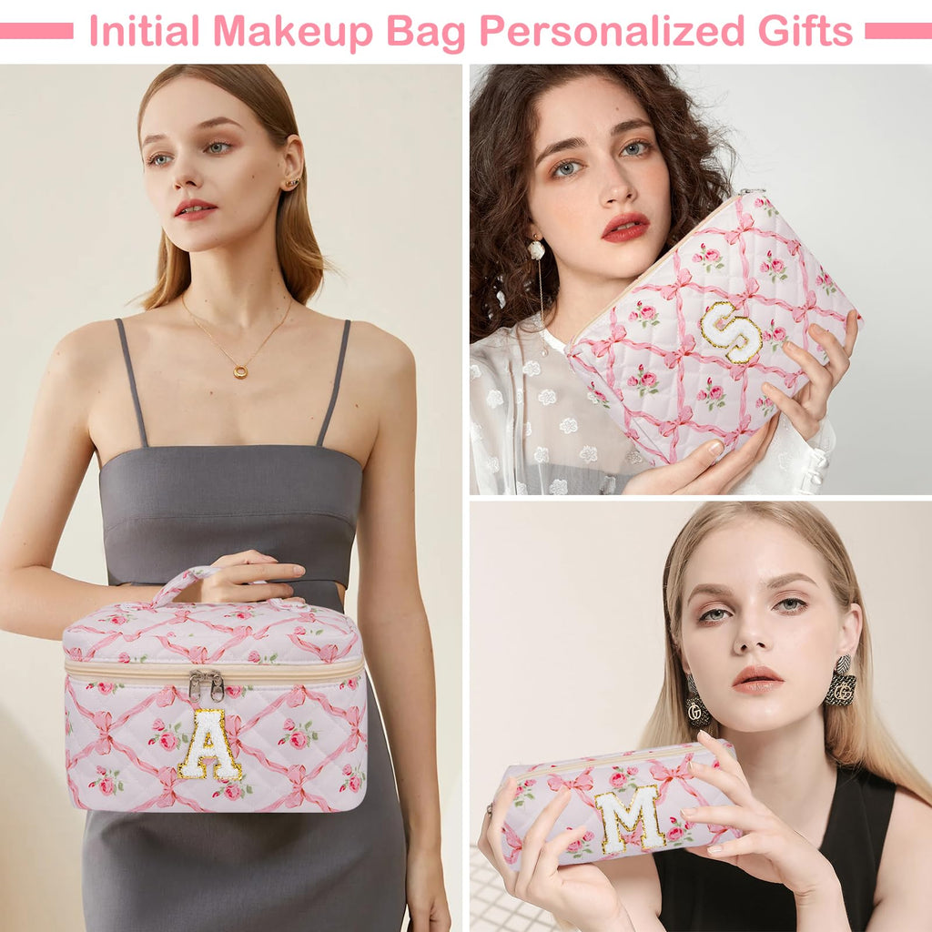 Junesters Personalized Initial Makeup Bag Set, Quilted Makeup Bag, Large Floral Cosmetic Bag for Women, Cute Cotton Custom Make up Bags, Flower Travel Toiletry Bag Teen Girl Gift Trendy Stuff Gift L