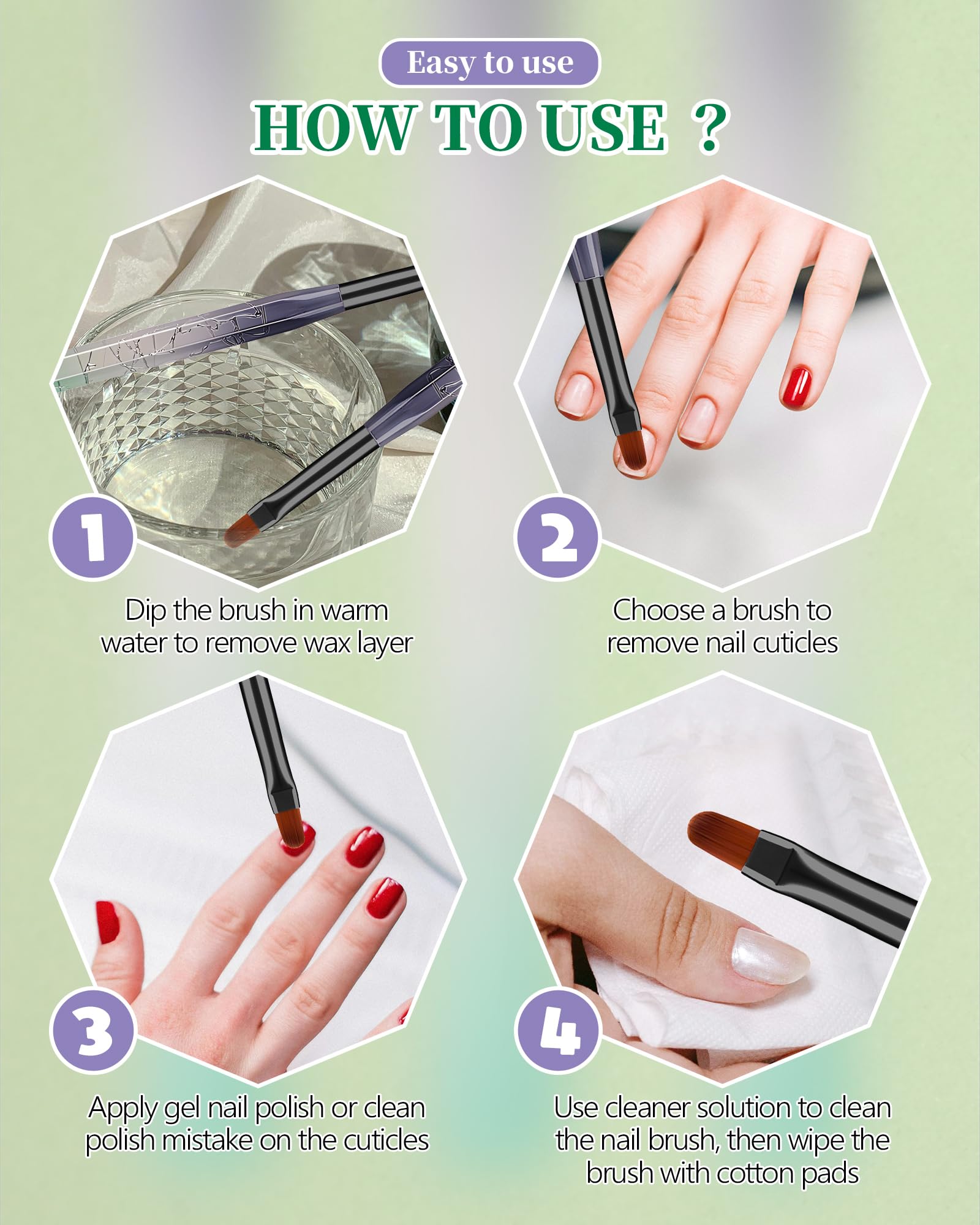 AMilHiTon 3PCS Nail Polish Clean Up Brush, Round/Flat/Angled, Gilded Green
