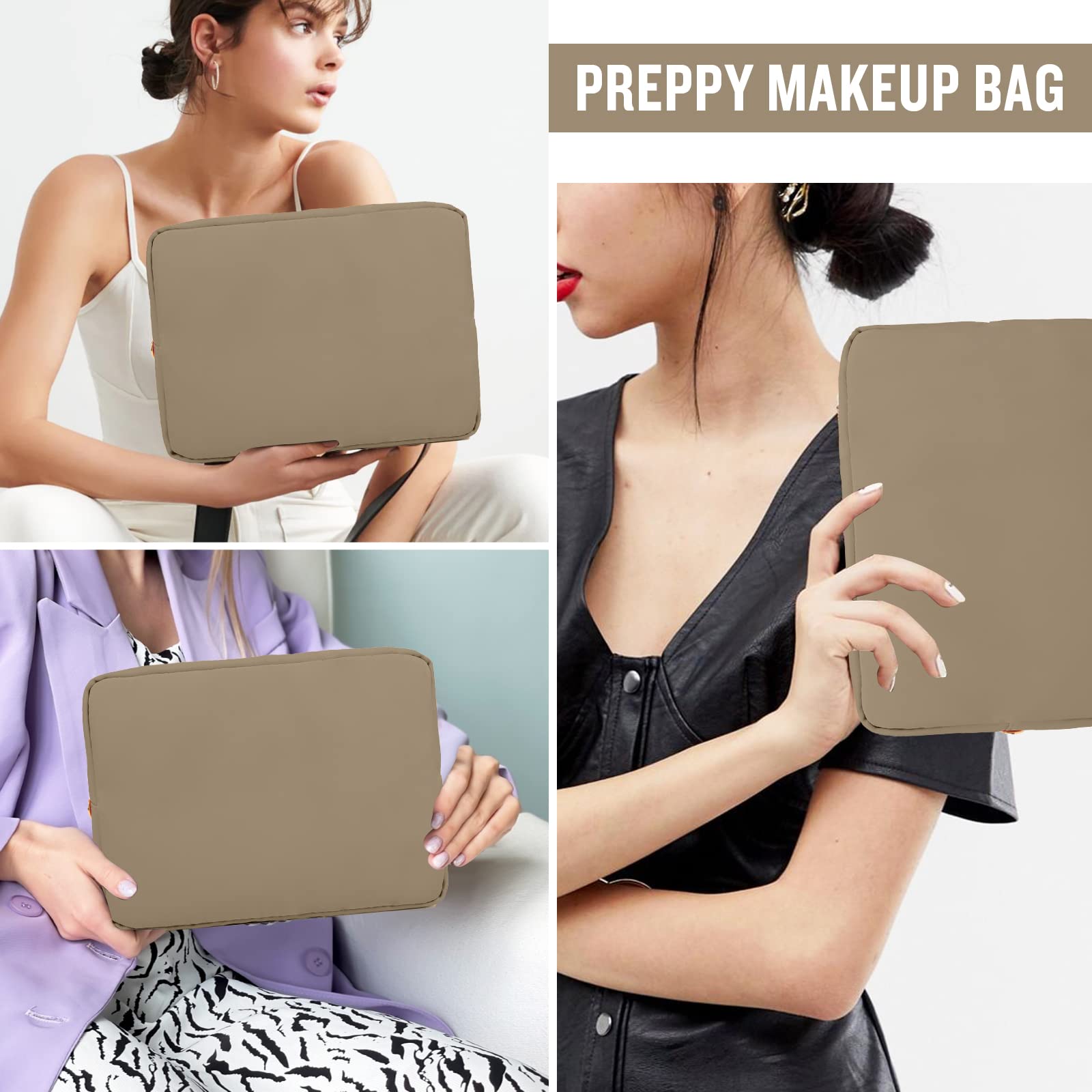 Nylon Large Makeup Bag Travel Pouch for Women, Preppy Big Makeup Bag Cute Cosmetic Zipper Pouch Purse, DIY Chenille Letter Bag Waterproof Toiletry Bag Clutch Make Up Organizer for Women Girls(Khaki)
